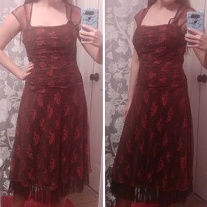 SANGRIA Size 4 Brown & Pink Mesh Lace Ruffle Vintage Midi Dress